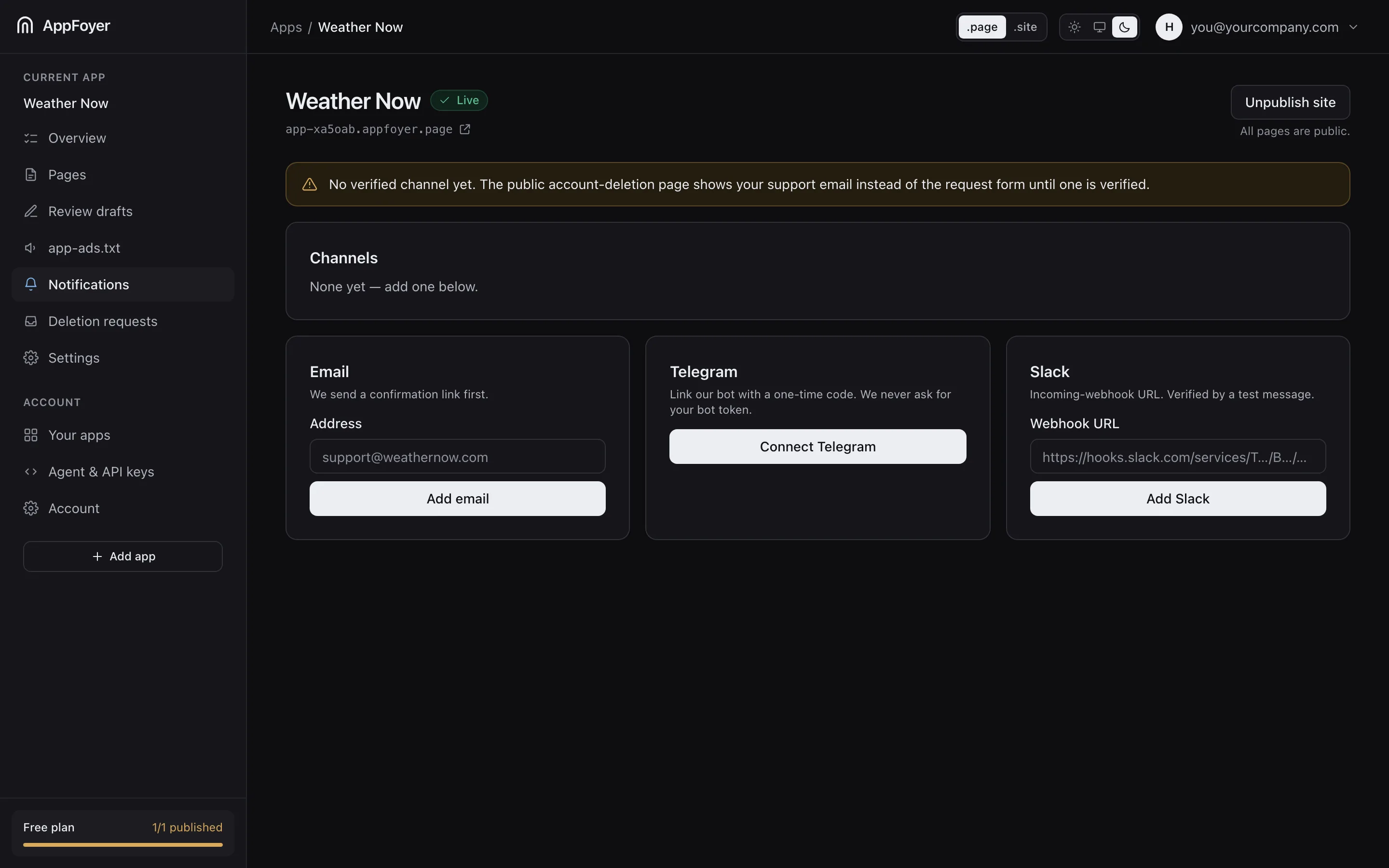 L'écran des canaux de notification proposant l'e-mail, Telegram et Slack.